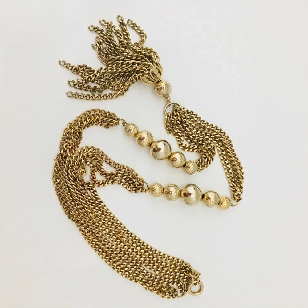 Vintage Multi Strand Gold Tassel Necklace 1009